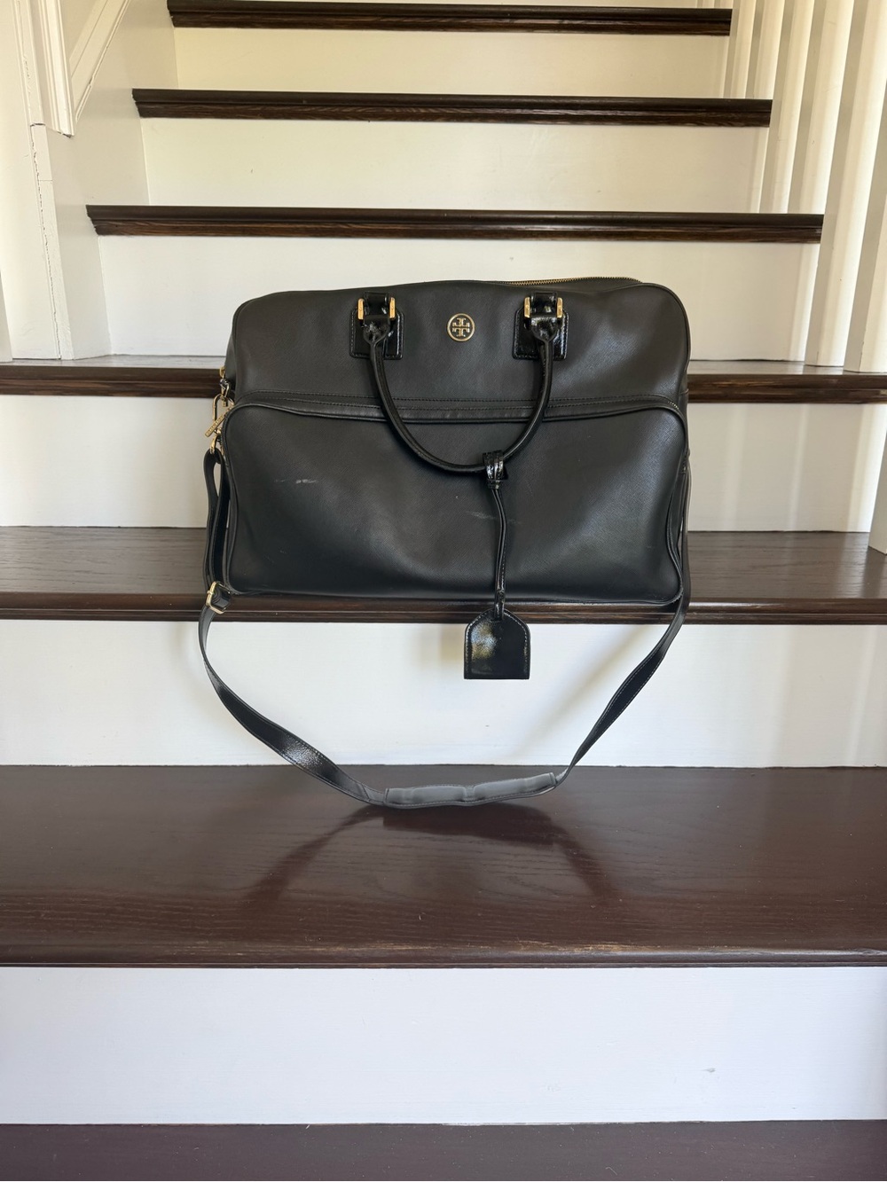 Tory Burch Black Leather Weekender Bag with Gold Hardware